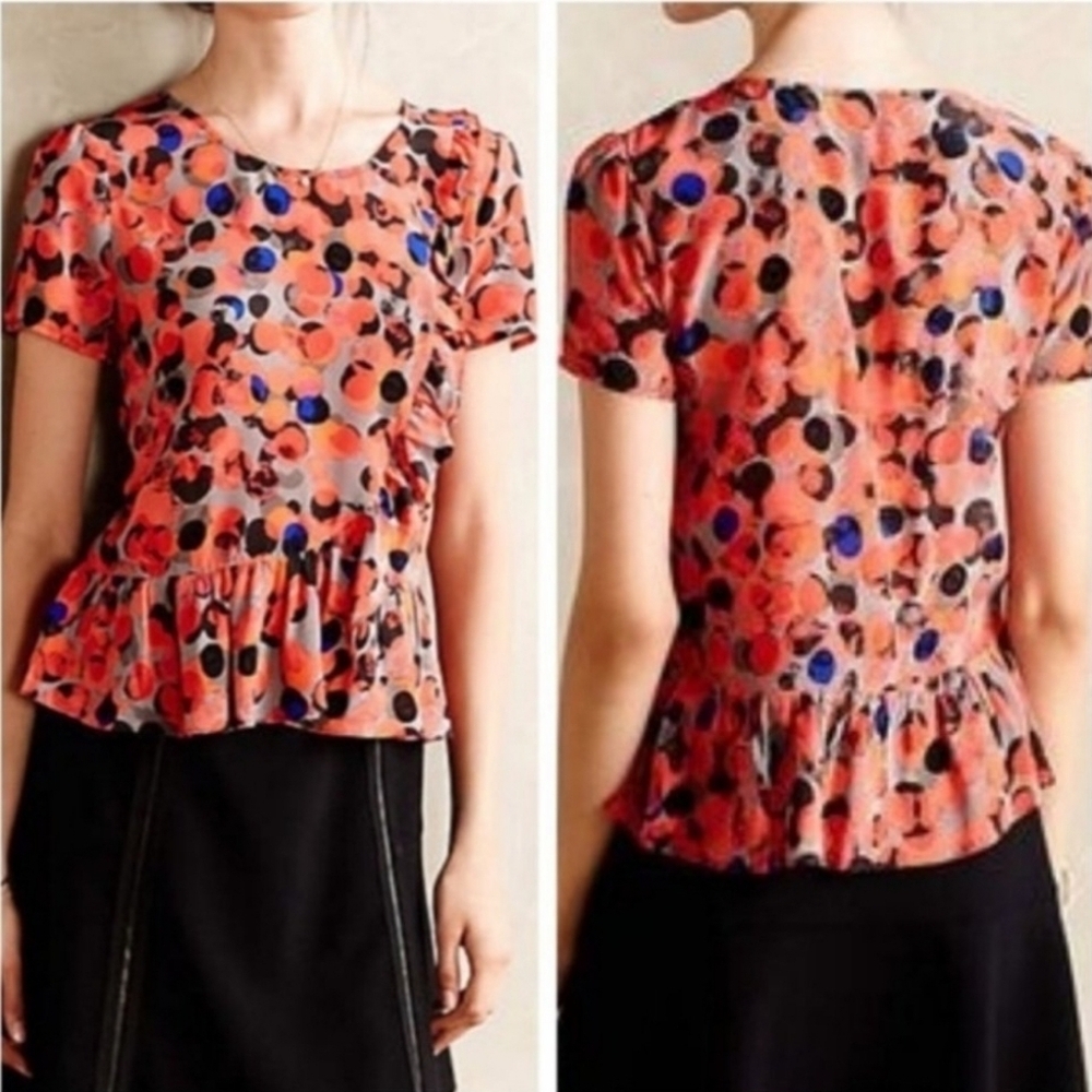 Anthropologie HD IN PARIS Silk Spotted Ruffle Flounce Peplum Short Sleeve - Picture 1 of 9